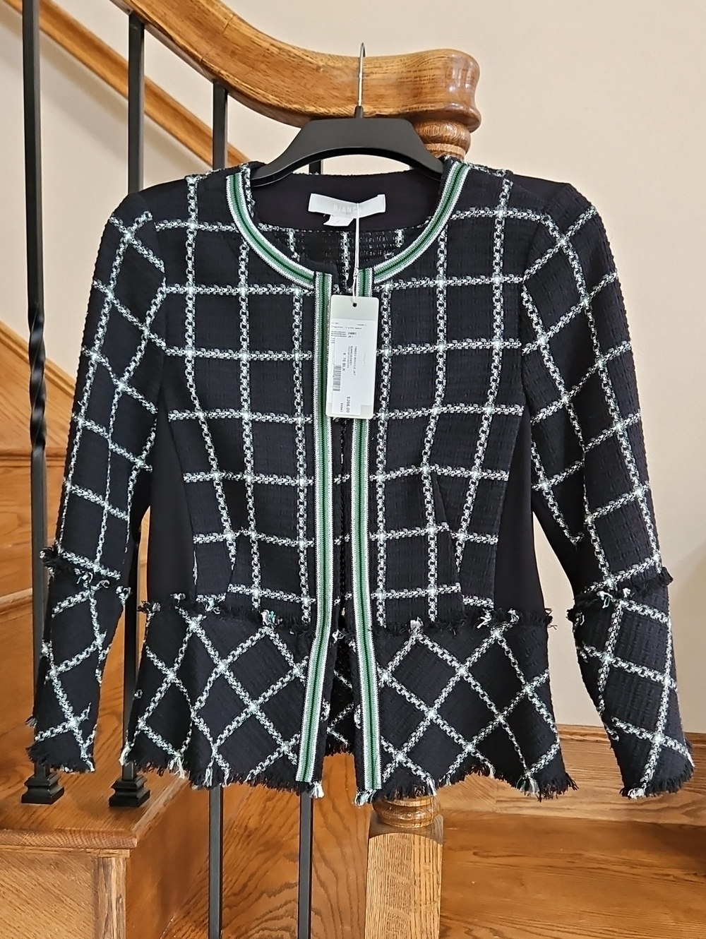 NWT Bianca Black Windowpane Tweed Blazer with Green, Silver, Grey & White Trim
